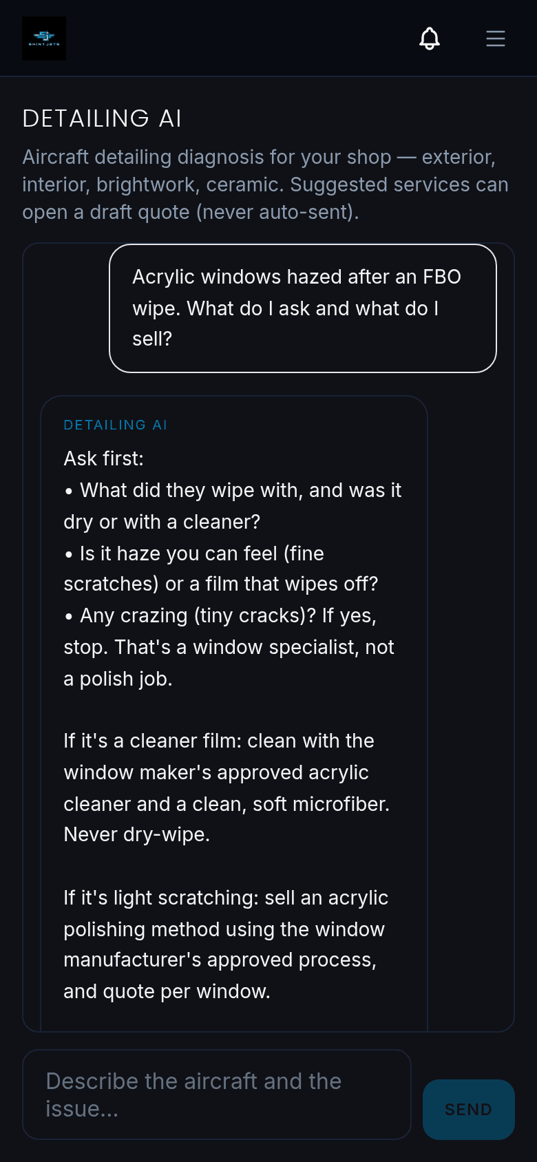 Example answer about hazed acrylic windows: questions to ask first, when crazing means stop, and what to sell.
