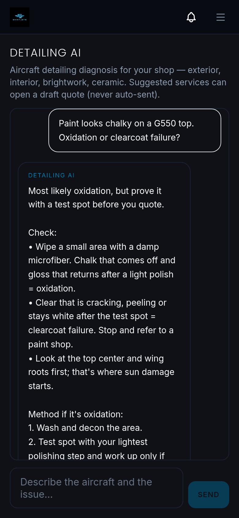 Example answer: likely oxidation, how to prove it with a test spot, when to stop for clearcoat failure, and the method.