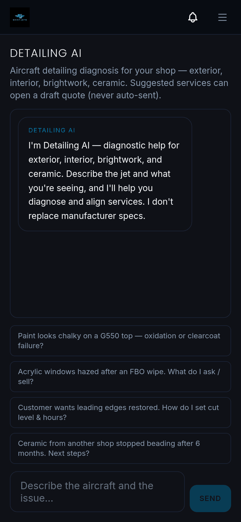 Aircraft Detailing AI start screen with suggested questions, such as chalky paint on a G550 and hazed acrylic windows.